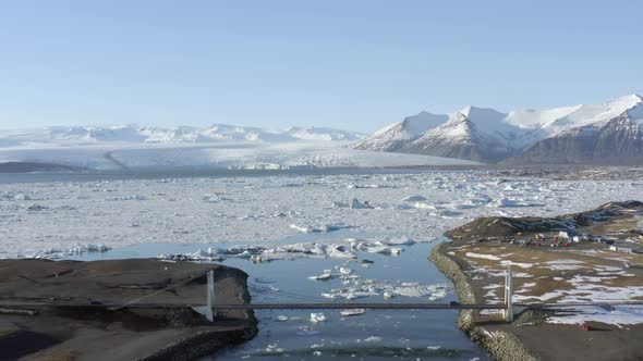 High Level Aerial View of the Glacier Lagoon in Iceland During Winter