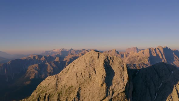 Idyllic golden hour sunrise aerial view viewpoint across South Tyrol Plose Peitlerkofel majestic mou