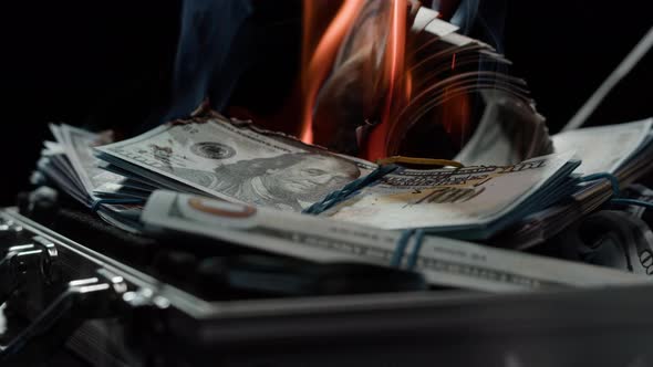 Burning American Hundred Dollar Banknotes Flame of Fire From Money