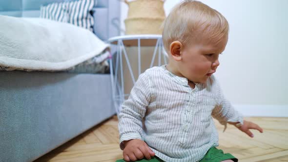 Happy toddler boy playing with toy car and crawling on floor