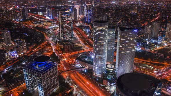 Night Tel Aviv business city center from birds view, Israe hyperlapse