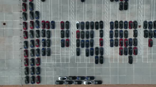 Top down aerial of new Tesla Model Y cars at Giga Texas location in Austin. Manufacturing of electri