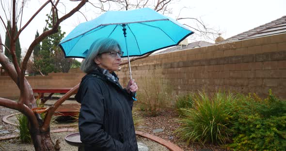 A middle aged pretty woman walking with a blue umbrella in the rain during a winter storm.