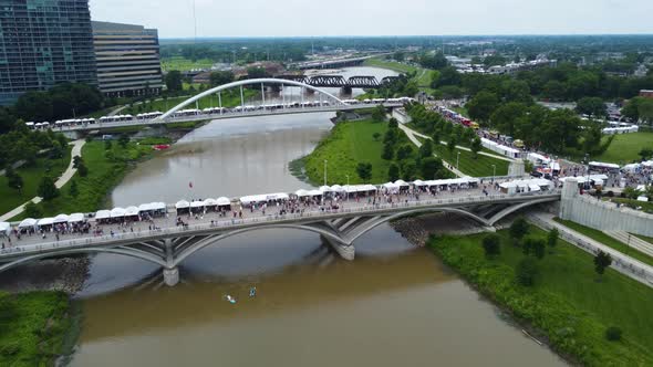 Columbus Arts Festival, Columbus Ohio, aerial drone footage, over the Scioto River on the Rich Stree