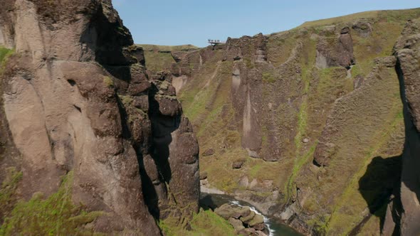 Drone Flying Through Deep Fjadrargljufur Canyon in South Iceland