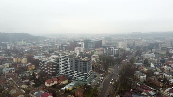 Aerial View of the Drone Flying of the Old City of Lviv Ukraine