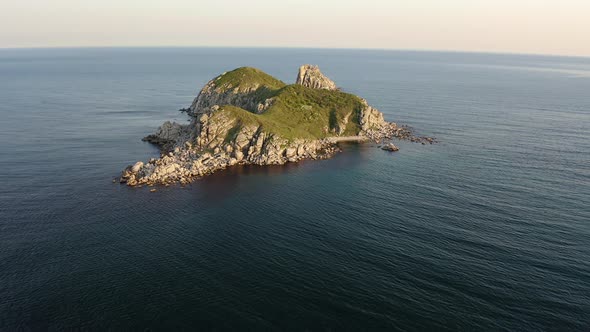 Rocky Islands in Triozerye Bay at Sunset