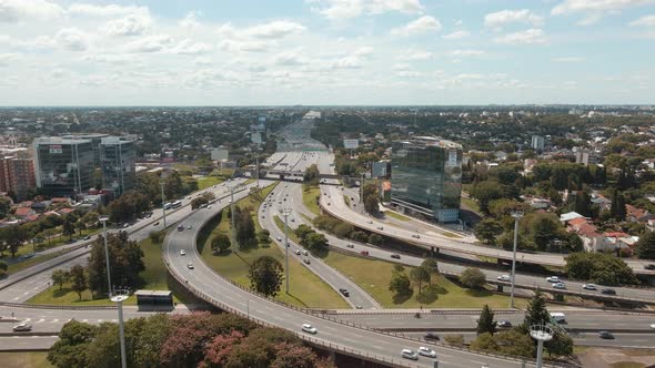 Aerial view flying over Panamericana continental highway interchange in Buenos Aires