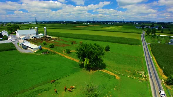 Drone aerial through Amish Countryside