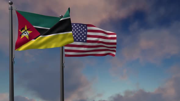 Mozambique Flag Waving Along With The National Flag Of The USA - 2K