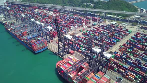 Top view of industrial port with container