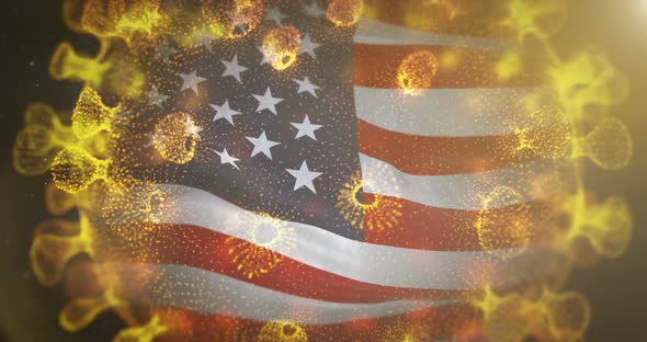 USA Flag With Covid Corona Virus Bacteria 4K