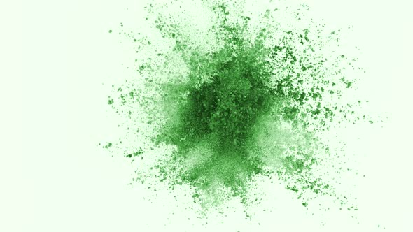 Green powder exploding on white background in super slow motion, shot with Phantom Flex 4K