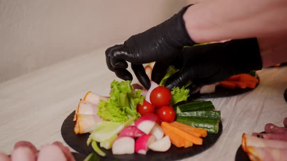 Closeup View of Delicious Slices Vegetables and Meat on Table