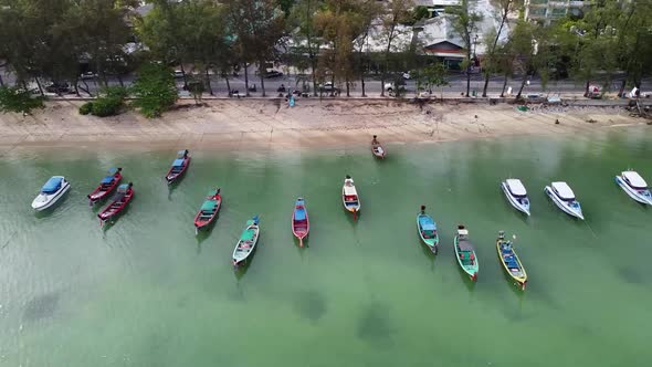 Fishing Boats at Anchor Along a Tropical Coastline Aerial