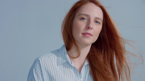 Gingerhead Red Hair, Ginger Hair Model with Blue Eyes on Blue Background