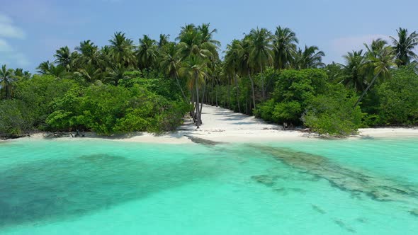 Beautiful fly over island view of a white sand paradise beach and blue sea background 