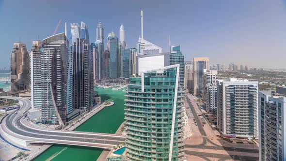 Aerial View of Dubai Marina Residential and Office Skyscrapers with Waterfront Timelapse