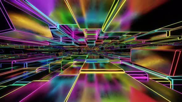 VJ Loop Tunnel Highspeed Flight of Glossy Neon Cubes