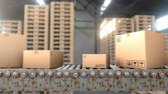 Different Size Cardboard Boxes Transporting on Old Conveyor Belt Seamless Loop alt