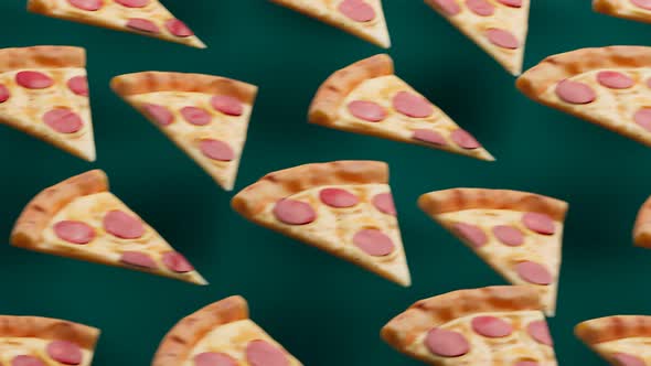 Seamless looping animation of pizza slices. Delicious fast food snacks in rows.