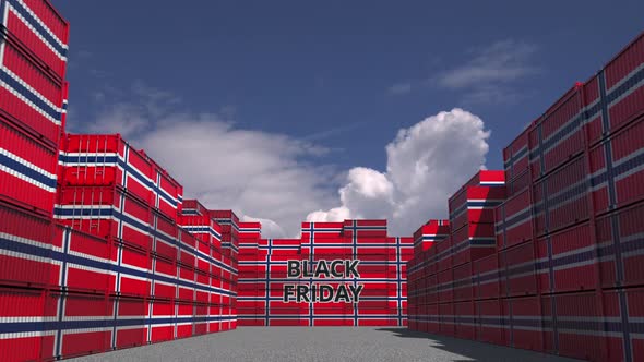 Containers with BLACK FRIDAY Text and National Flags of Norway