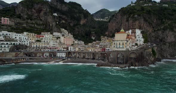 Picturesque Beach Town of Spiaggia di Atrani on Amalfi Coast, Italy, Aerial