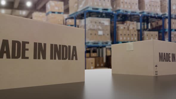 Boxes with MADE IN INDIA Text on Conveyor