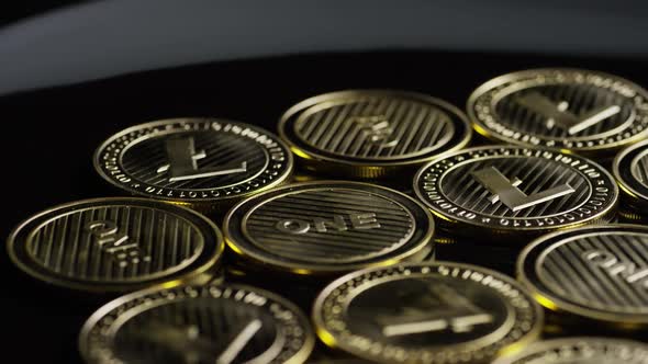 Rotating shot of Bitcoins (digital cryptocurrency) - BITCOIN LITECOIN 291