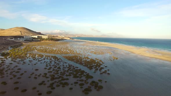 Aerial view of empty beach at Sotavento lagoon beach in Fuerteventura.