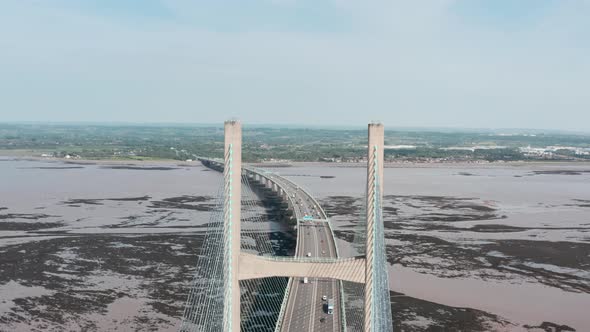 Slider drone shot from Prince of wales suspension bridge tower Severn estuary