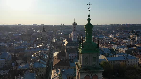 Aerial Video of Uspinska Church in Central Part of Old City of Lviv, Ukraine