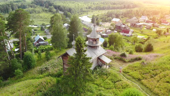 Russian Aerial Panoramas of the Village with a Christian Church