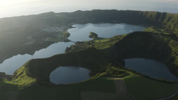 Aerial View of Volcanic lake Lagoa de Santiago, Candelaaria, Azores, Portugal.