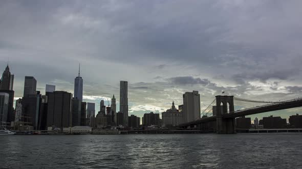 Time lapse shot as evening falls over the East River and Lower Manhattan