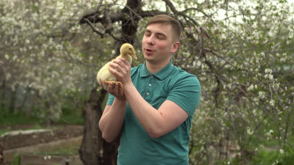 A Young Man Holds a Real Duckling in His Arms