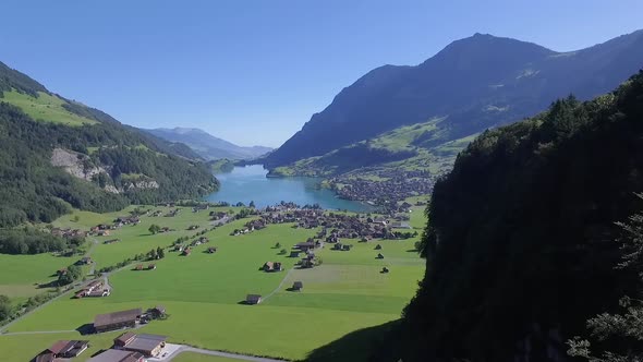 Aerial of lake Lungern, view from Bruenigpass