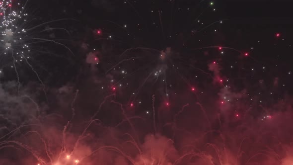 White and Red Fireworks Burst in Air Against Night Sky