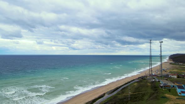 High and powerful waves coming fast to the beach, waves in winter day