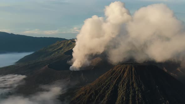 Aerial Shot of Mountain Bromo Active Volcano Crater in East Java Indonesia