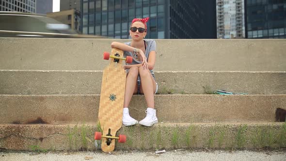 A young woman with her longboard skateboard.
