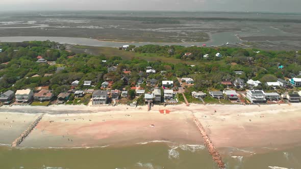 Aerial drone footage of coastal Folly Beach, South Carolina.