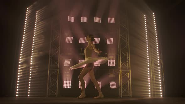 Professional Ballerina Dancing Ballet in Spotlights Smoke on Big Stage. Beautiful Young Girl Wearing