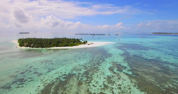 Aerial drone view of a scenic tropical island in the Maldives