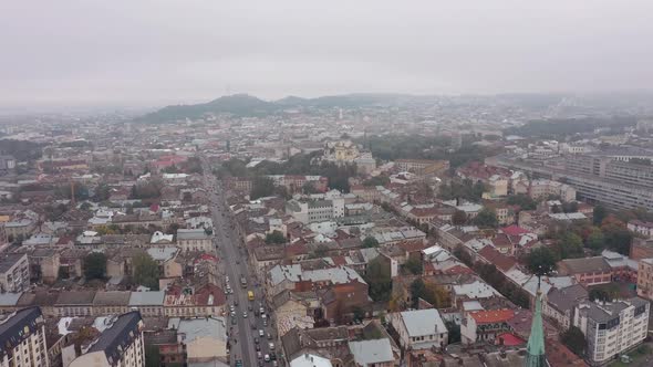 Aerial Drone View of City Lviv Ukraine Flight Above Roofs and Streets Panorama of Ancient Town