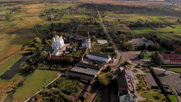 Beautiful view of Zimnensky Svyatogorsky monastery from above. alt