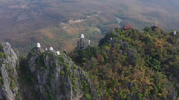 Aerial View of Wat Chaloem Phra Kiat Phrachomklao Rachanusorn Sky Pagodas on Top of Mountain in