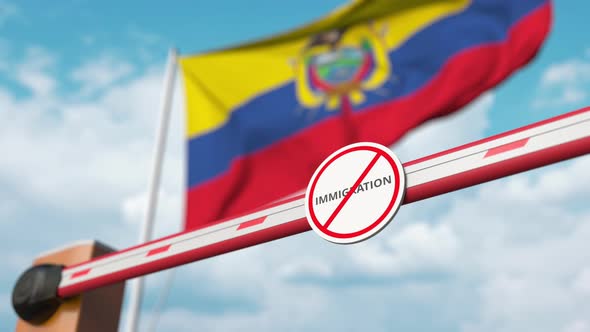 Barrier Gate with No Immigration Sign Opened at Flag of Ecuador