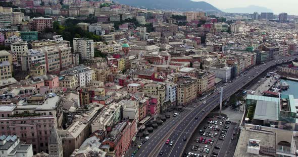 Aerial city view show colorful architecture of Genoa, capital of Liguria region