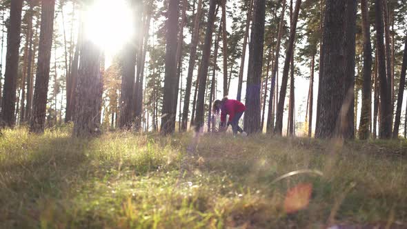 A Girl Collects Mushrooms in a Beautiful Forest